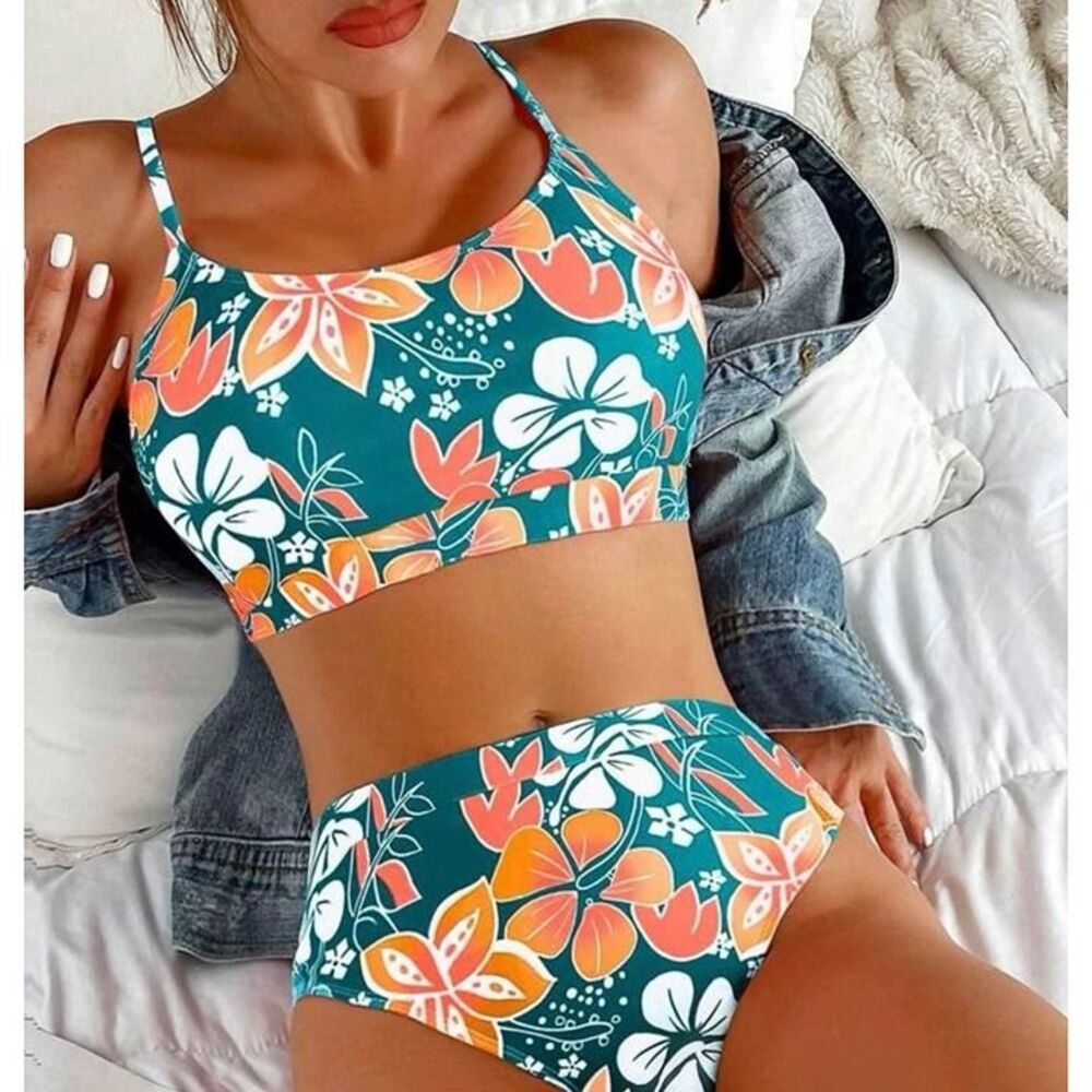 Floral Print Bikini Set Wireless Bra Top & High Waist Bikini Bottom 2